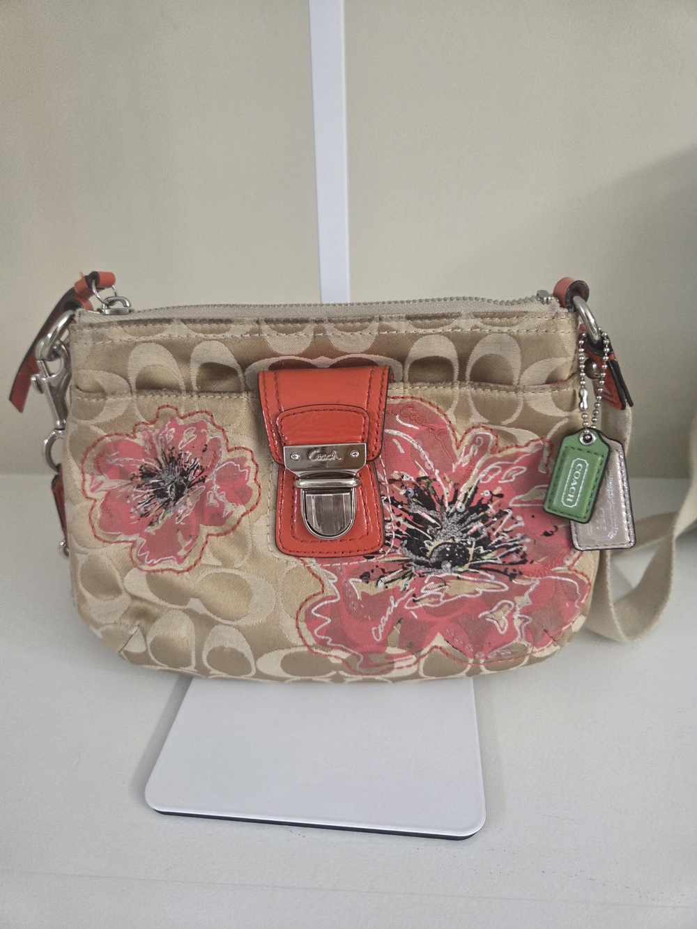 Coach Beige Poppy Canvas Crossbody with Coral Floral Accents